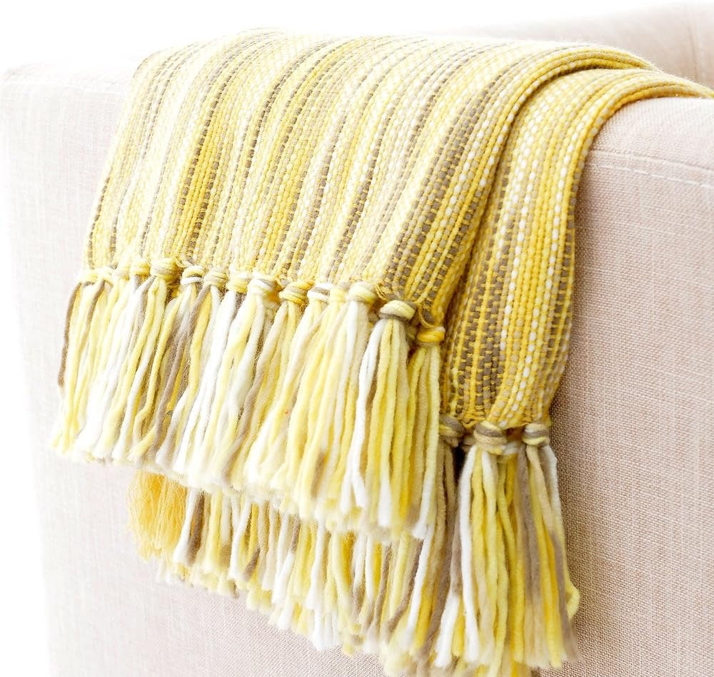 Yellow Striped Tassel Throw Blanket