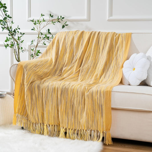 Yellow Striped Tassel Throw Blanket